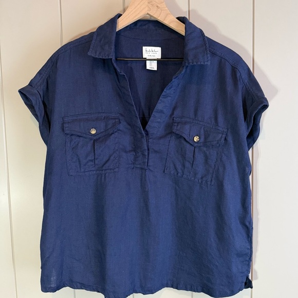 Nicole Miller Tops - Linen Blouse Navy Blue Utility Top Size L V-Neck Collared Shirt by Nicole Miller